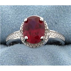 Lab Ruby Oval Cut 7x9MM and Diamond Ring Vintage Style in Sterling Silver