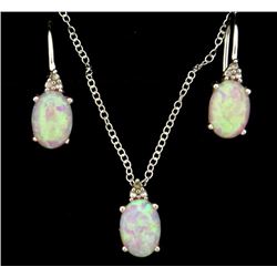 Pink Lab Opal Earring and Pendant Set with Diamonds in Sterling Silver