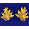 Image 1 : Antique Clip-On Diamond and Ruby Flower Earrings