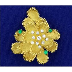 18k Gold Diamond and Emerald Custom Designed Designer Flower Pin