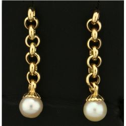 Cable Link Dangle Pearl Earrings in 14k Gold