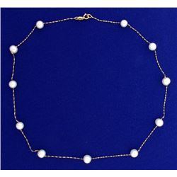 15 Inch Akoya Pearl Station Necklace in 14k Yellow Gold