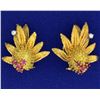 Image 1 : Antique Clip-On Diamond and Ruby Flower Earrings