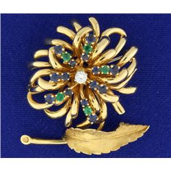 Emerald, Sapphire, and Diamond Feather/Flower Pin Brooch