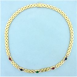 Ruby, Sapphire, Emerald, and Diamond Cabochon Necklace