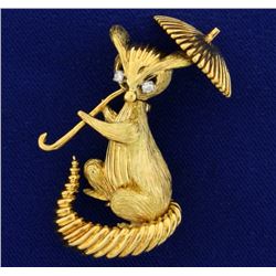 Cat or Lemur Monkey Holding a Parasol Umbrella Diamond Pin or Brooch