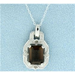 Vintage Style Smokey Topaz Pendant with Diamonds and Chain