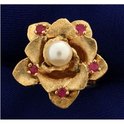 Vintage Ruby and Pearl Flower Ring