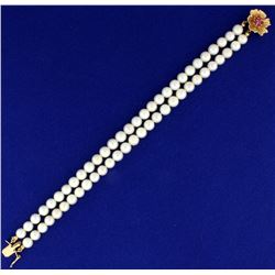 Double Strand Akoya Pearl Bracelet with 14k gold and Ruby Clasp