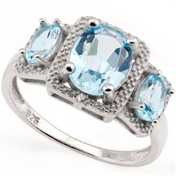 Large 3 Stone Sky Blue Topaz Art Deco Inspired Ring in Sterling Silver with Diamonds