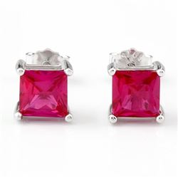 Lab Ruby Princess Cut Square Stud Earrings 5MM in Sterling Silver