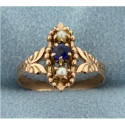 Vintage Sapphire and Seed Pearl Ring in 14k Rose Gold