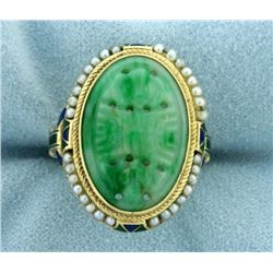 Vintage Jade, Seed Pearl, and Enamel Asian Ring in 14k Gold