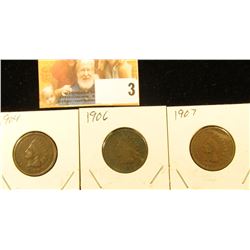 1904, 06, & 07 Indian Head Cents, Good.