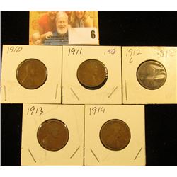 1910 P, 11 P, 12 P, 13 P, & 14 P Lincoln 'Wheat' Cents, Good.