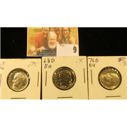 1965 P, 68 D, & 76 D Roosevelt Dimes, Gem Uncirculated.