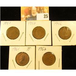 1951, 52, 56, 61, & 62 Circulated Canada Small Cents.