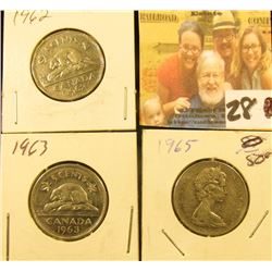 1962, 63, & 65 circulated Canada Nickels.
