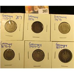 GERMAN COIN LOT INCLUDES 1906-D SILVER HALF MARK, 1875-G 5 PFENNIG, 1874-A SILVER 1 MARK COIN, 1876 