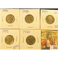 5 EARLY DATE BUFFALO NICKELS WITH HORNS VISIBLE DATED 1920, 1918, 1919, 1918, AND 1919