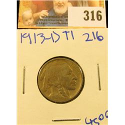 1913-D TYPE 1 BUFFALO NICKEL WITH HORN VISIBLE