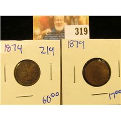 1879 AND 1874 INDIAN HEAD PENNIES.  THESE ARE BOTH BETTER DATE INDIAN HEAD PENNIES.  THE 1874 HAS FU