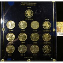 SUSAN B ANTHONY 17 PIECE COIN SET.  THIS LOT INCLUDES THE 1979-T1 AND 1979-T2 PROOFS.  THE 1979 TYPE