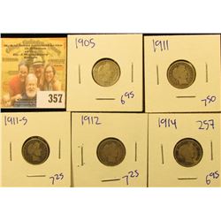 BARBER DIME LOT INCLUDES 1914, 1912, 1911, 1905, AND 1911-S