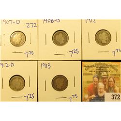 BARBER DIME LOT INCLUDES 1908-D, 1912-D, 1913, 1907-O, AND 1912