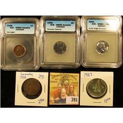 CANADIAN HODGEPODGE LOT INCLUDES 1967 SILVER HALF DOLLAR, 1952 CANADIAN NICKELS GRADED MS60 DETAILS,