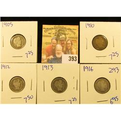BARBER DIME LOT INCLUDES 1913, 1905, 1912, 1916, AND 1910