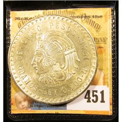 1948 Mexico Silver Cinco 5 Pesos depicting the Aztec Emperor, Cuauhtémoc ~ Ley 0.900 ~ BU ~ UNCIRCUL