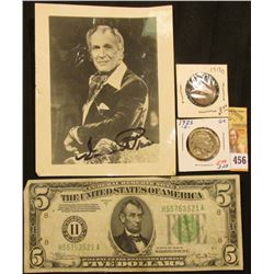 Autographed 4" x 5" Picture of Vincent Price, some damage; Series 1934 B Five Dollar Federal Reserve