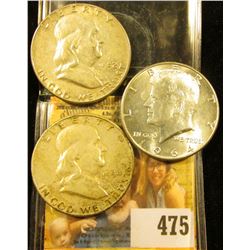 1952 P VF, 54 P Fine Franklin Half Dollars; & 1964 P Kennedy Half Dollar, BU.