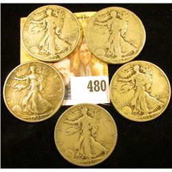 (5) Walking Liberty Half Dollars dating 1918-43, grading up to VF.