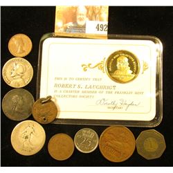 Sterling Silver Gold-plated Medal with membership card; & several foreign coins and tokens, includin