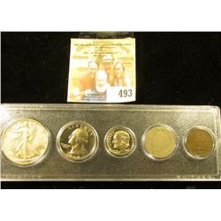 Snaptight case containing 1890 Indian Cent, 1900 Liberty Nickel, 1980 S Proof Dime, 1969 S Proof Was