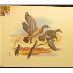 1998 Fleetwood hand autographed print of a pair of Wood Ducks by Don Balke, 10.5  x 13.25 .