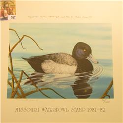 Tom Crain Missouri Waterfowl Stamp 1981-82 Signed and autographed Print no. 893/1000, measures 12" x
