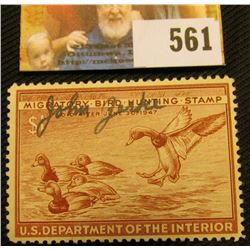 1946 RW13 Federal Migratory Bird Hunting $1 Stamp, signed and obviously used for hunting.