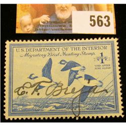 1948 RW15 Federal Migratory Bird Hunting $1 Stamp, signed and obviously used for hunting.