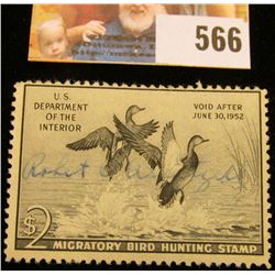 1951 RW18 Federal Migratory Bird Hunting $2 Stamp, signed and obviously used for hunting.