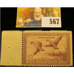 1938 RW5 Federal Migratory Bird Hunting $1 Stamp, unsigned, hinged, tab left. Near Mint.