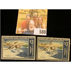 Pair of 1967 RW34 Federal Migratory Bird Hunting $3 Stamp, signed, each depicts a pair of Old Squaw 