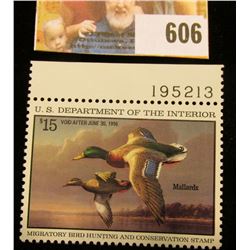 1995 RW 62 Federal Migratory Bird Hunting $15.00 Stamp, unsigned, original gum, NH, VF. Plate number