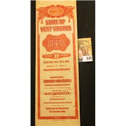 Red stamped "Specimen" "Number RM0000 State of West Virginia $1000 4 Per Cent Registered Gold Road B