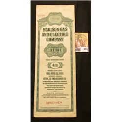 Red stamped "Specimen" "Madison Gas and Electric Company $1000 First Mortgage Bond 4% Series Due 196