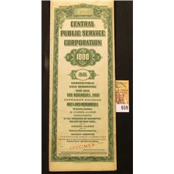 Red stamped "Specimen" "Central Public Service Corporation $1000 5% Convertible Gold Debenture Due 1