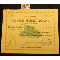 36 1/2 Shares "…State of Nebraska 1907 The Press Printing Company of Nebraska City, Nebraska…Shares 