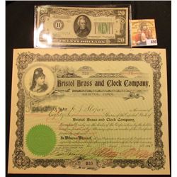 Stock number 522 for 86 Shares "Bristol Brass and Clock Company Bristol, Conn….Shares $25 Each", lef